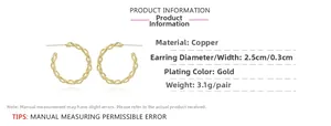 Detail of 25mm gold twisted hoop earrings showing exact dimensions and woven texture