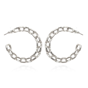 Silver retro chain link C-shaped hoop earrings with a modern industrial design