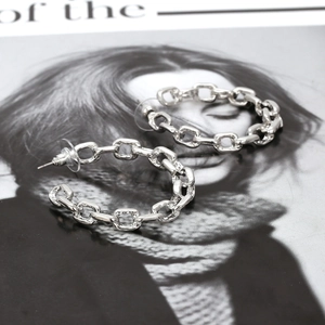 Silver chunky chain C-shaped hoop earrings with industrial geometric design for women