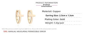 Detailed view of gold plated cross earrings with dimensions and weight specs