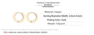 Detailed dimensions of 2.0cm gold plated hoop earrings showing width and weight specs