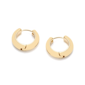 Pair of chunky gold plated minimalist huggie hoop earrings on a clean white background
