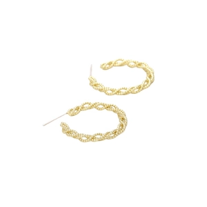 Minimalist twisted gold C-shaped hoop earrings with woven rope texture and metal finish