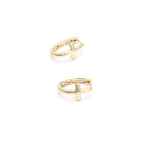 Macro detail of gold-plated cross hoop earrings with secure hinged closure mechanism