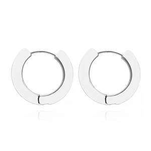 Minimalist silver geometric hoop earrings with a high-polish mirror finish and huggie clasp