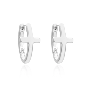 Minimalist silver cross hoop earrings with a polished finish and elegant drop design