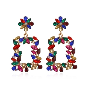 Vintage Alloy Rhinestone Floral Geometric Drop Earrings For Women Luxury Hollow Rectangle Dangle Earrings Banquet Party Jewelry Gift