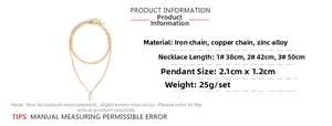Detailed specs of layered gold-tone necklace with lock pendant and triple chain lengths