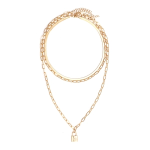 Layered Necklace Gold Tone Alloy Lock Pendant Starburst Rhinestone Snake Chain Paperclip Link Fashion Jewelry Women
