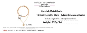 Size chart showing multi-layer gold coin necklace lengths 38cm and 50cm with extender
