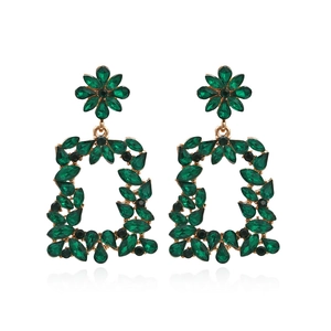 Green and black crystal floral drop earrings with gold geometric hollow pendants