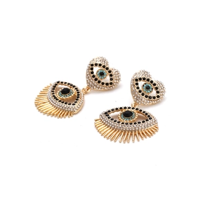 Exaggerated hollow heart and evil eye drop earrings with sparkling rhinestones and gold plating