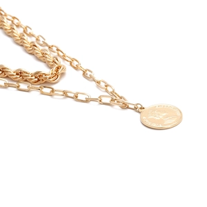 Double-layered gold chunky chain and thin necklace with Elizabeth II coin pendant