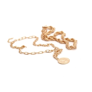 Layered gold chain necklace featuring a thick rope chain and coin pendant with a portrait