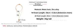 Detailed size chart of vintage double layer gold coin necklace with chain measurements