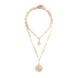 Vintage double layer gold paperclip chain necklace with lion head and coin pendants