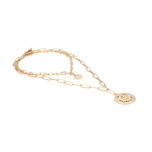 Double layered golden paperclip chain necklace featuring a vintage lion head relief pendant