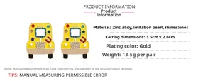 Detailed size chart for cartoon yellow bus earrings with zinc alloy and rhinestones