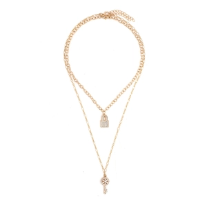 Collier double rang doré avec pendentifs cadenas et clé ornés de cristaux brillants