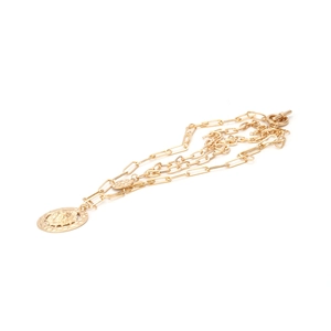 Macro view of gold multilayer chain necklace with embossed lion head pendant and T-bar clasp