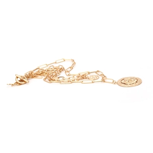 Detail of gold layered necklace with paperclip chain, lion head coin and OT toggle clasp