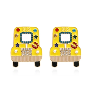 Cartoon School Bus Stud Earrings Alloy Enamel Colorful Rhinestone Imitation Artificial Pearl Creative Fun Jewelry For Women