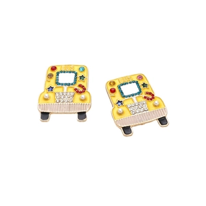 Vibrant yellow school bus stud earrings with colorful rhinestones and enamel finish