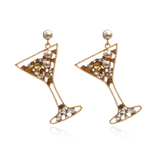 Boucles D'oreilles Pendantes Verre À Cocktail Alliage Or Künstliche Perle Strass Cristal Coupe Martini Banquet Bijoux Pour Femmes