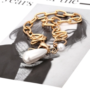 Vintage gold chunky link chain necklace with baroque pearl drop pendant and lobster clasp