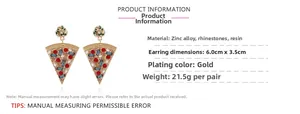 Detail view of colorful rhinestone pizza earrings with 6.0cm by 3.5cm size specifications