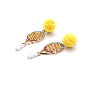 Boucles d'oreilles raquette de tennis en cristal avec pompon jaune pour femmes