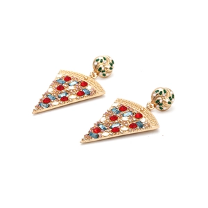 Colorful rhinestone pizza earrings in vintage gold alloy with geometric dangle design