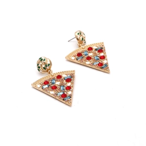 Detailed macro view of gold-tone pizza earrings with colorful rhinestones and enamel details