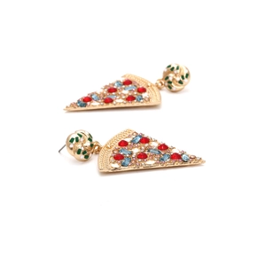 Exaggerated pizza-shaped drop earrings with colorful rhinestones and gold plating
