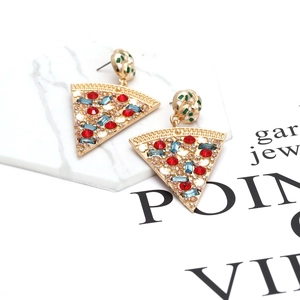Exaggerated pizza drop earrings with colorful crystals and gold-tone alloy base