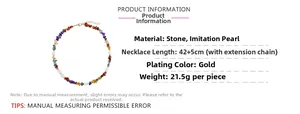 Detail of stone and pearl beaded necklace with 42+5cm length and 21.5g weight info
