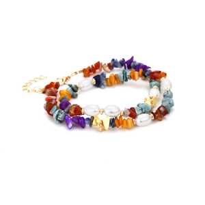 Handmade necklace with natural multicolor stone chips and freshwater pearls on gold chain