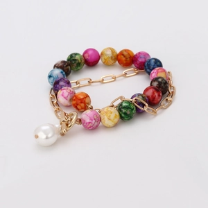 Colorful beaded collar necklace with golden metal chain and teardrop pearl pendant