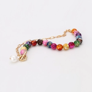 Colorful beaded necklace with gold metal chain and white teardrop pearl pendant
