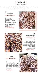 Detailed view of leopard print faux silk scarf with high-quality digital printing and neat edges
