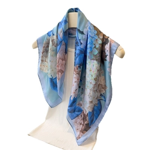 Floral square silk scarf with blue hydrangea print on white background for women