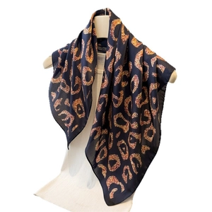 Navy blue leopard print silk square scarf with golden chain patterns for women