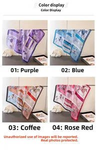 Détail de quatre foulards en soie avec imprimé équestre en violet, bleu, café et rose