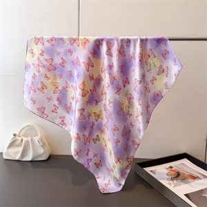 Elegant Butterfly Print Square Scarf Polyester Satin Satiny Neck Tie Headscarf Sun Protection Fashion Accessory For Women