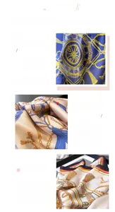 Détails d'un foulard en soie synthétique avec motifs de chaînes et finitions