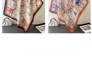 Détail de foulards en soie à motif chaîne en noir et orange sur un sac à main chic
