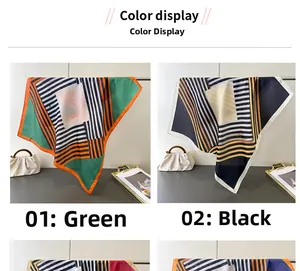 Detail of geometric stripe patterns on silk-like scarves in green and black colors