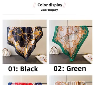 Detail showing equestrian silk scarves in black and green with gold chain prints