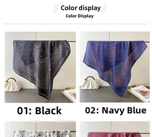 Detail of silk-like paisley square scarves in black and navy blue color variants