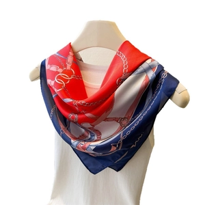 Elegant equestrian pattern silk scarf with gold chain print in red, navy and white